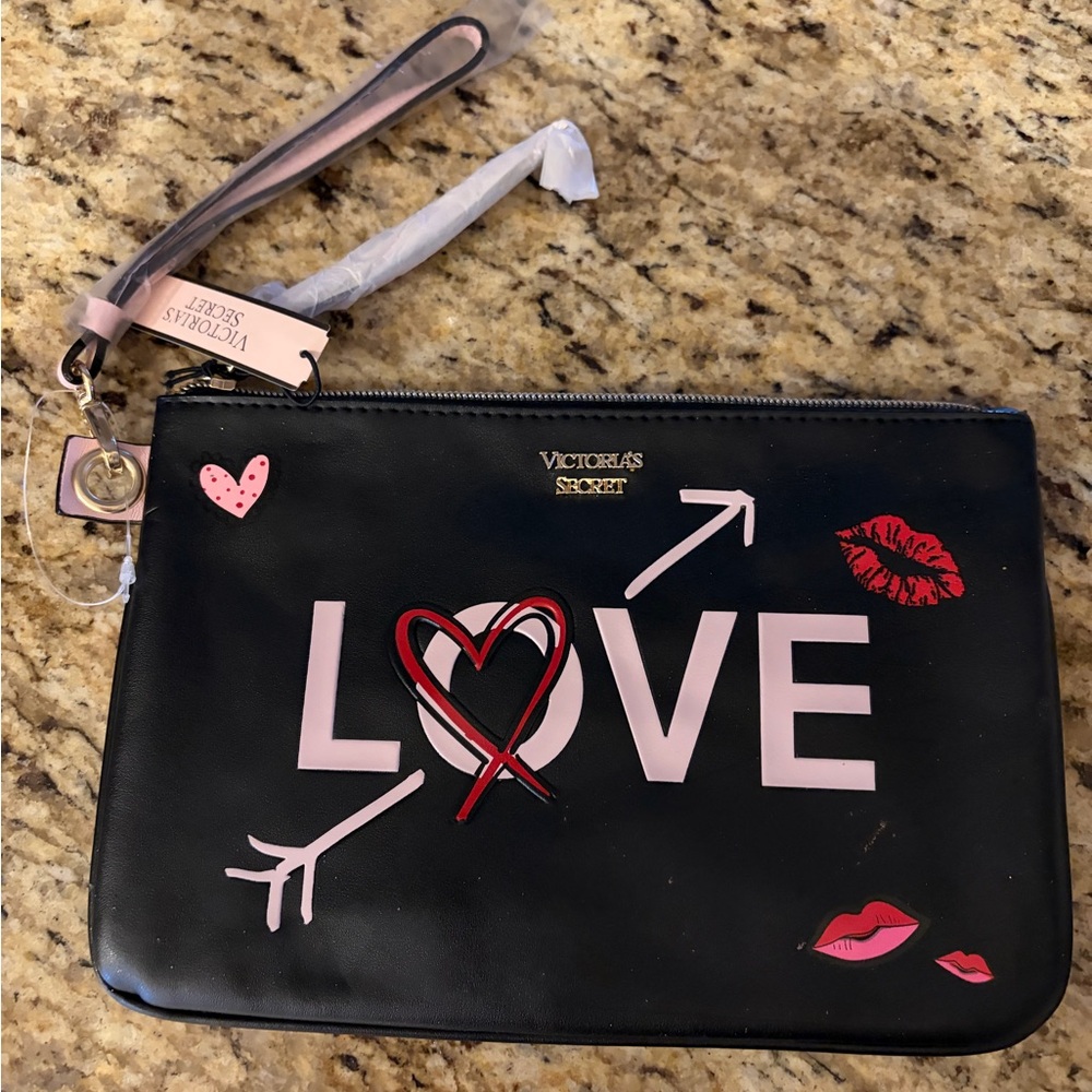 Victoria's Secret Black Clutch with Pink & Red LOVE Graphics
